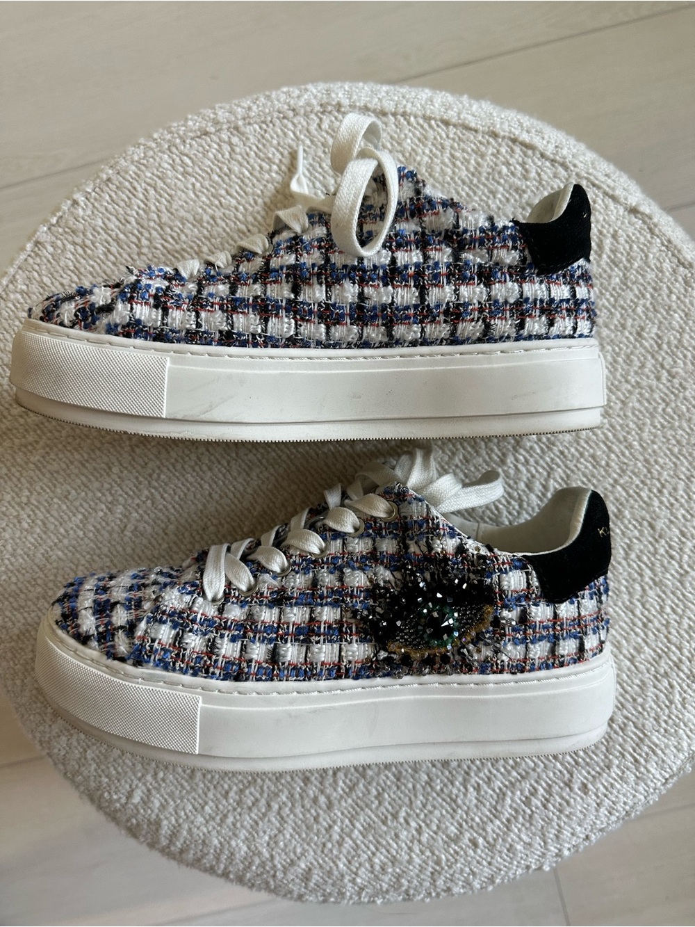 💙🤍🖤Kurt Geiger Tweed Lace-Up Sneakers in Blue, White and Black💙🤍🖤 Like New